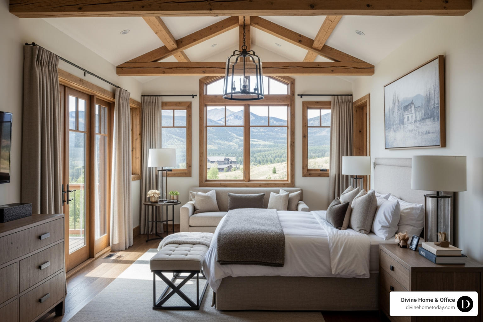 Rustic-modern Colorado luxury bedroom with exposed timber beams and large windows with mountain views - denver custom interior design Rustic-modern Colorado luxury bedroom with exposed timber beams and large windows with mountain views - denver custom interior design
