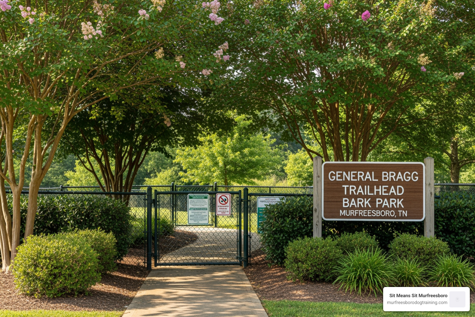 General Bragg Trailhead entrance showing the transition to the Bark Park area - dog parks in murfreesboro tn