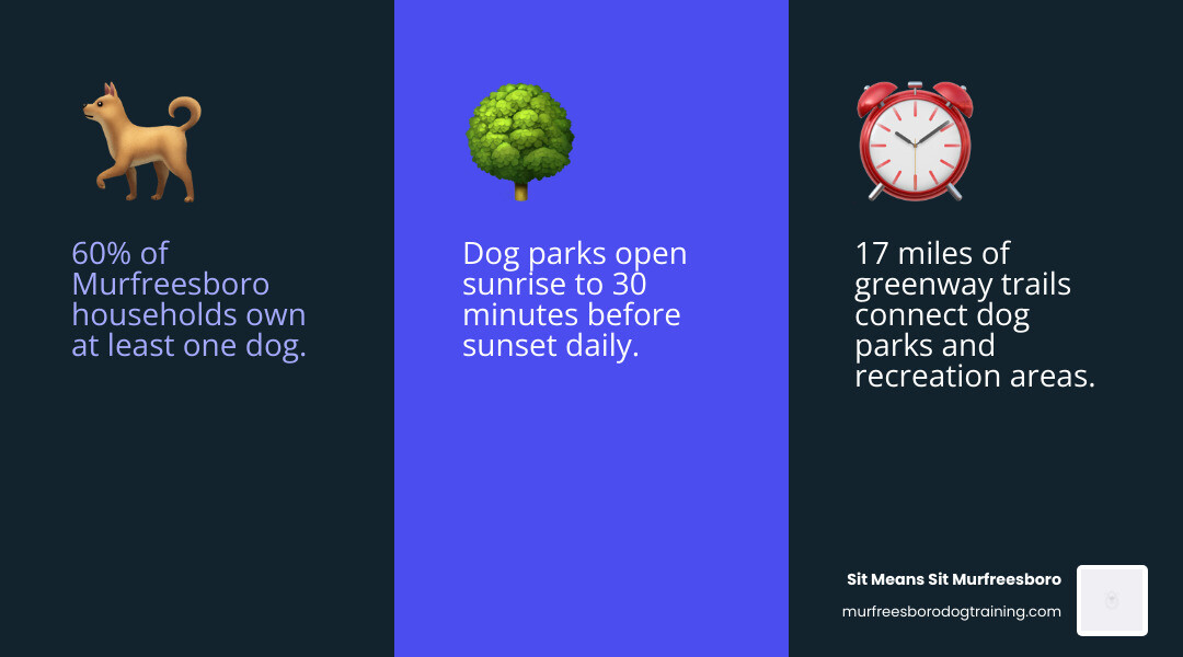 Infographic showing Murfreesboro dog park locations with addresses, key statistics including 60% dog ownership rate, 17 miles of greenway trails, operating hours from sunrise to 30 minutes before sunset, and main amenities like separate small/large dog sections, seasonal water stations, agility equipment, and waste disposal facilities - dog parks in murfreesboro tn infographic 3_facts_emoji_blue