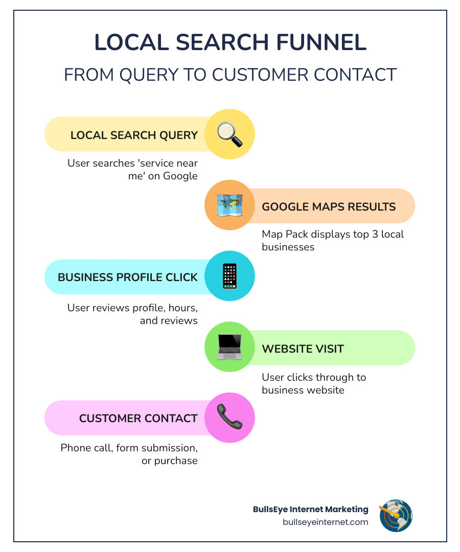 Local search funnel infographic illustrating the process from user search query to customer contact, featuring steps like Google Maps results, business profile click, website visit, and customer contact, branded with BullsEye Internet Marketing logo.