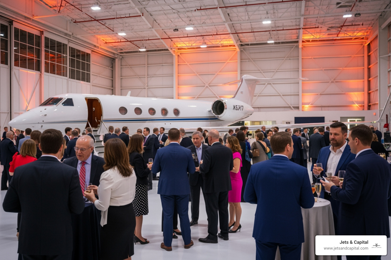 Guests mingling near a Gulfstream jet in a luxury hangar - private jet hangar events Guests mingling near a Gulfstream jet in a luxury hangar - private jet hangar events