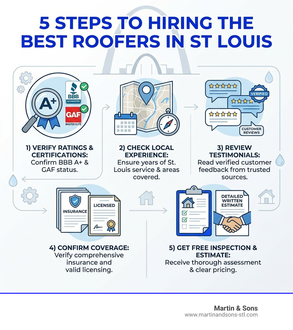 Infographic showing 5 steps to hiring the best roofers in St Louis: 1) Verify BBB A+ rating and GAF certification, 2) Check local experience and service areas, 3) Review verified customer testimonials, 4) Confirm insurance and licensing, 5) Get free inspection with detailed written estimate - best roofers st louis infographic Infographic showing 5 steps to hiring the best roofers in St Louis: 1) Verify BBB A+ rating and GAF certification, 2) Check local experience and service areas, 3) Review verified customer testimonials, 4) Confirm insurance and licensing, 5) Get free inspection with detailed written estimate - best roofers st louis infographic