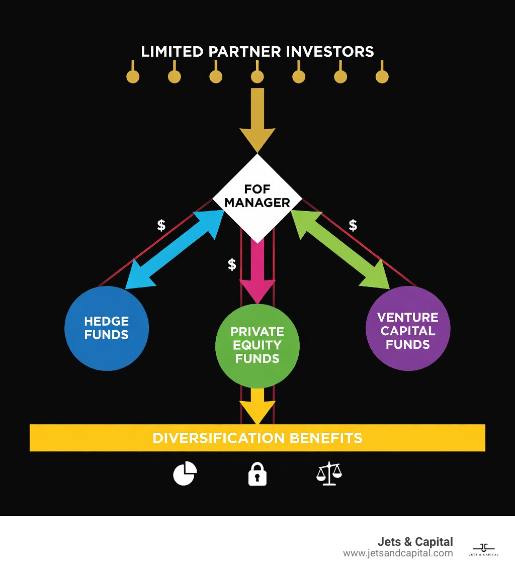 infographic showing capital flow from limited partner investors through fund of funds manager to underlying hedge funds private equity funds and venture capital funds with fee layers and diversification benefits illustrated - Fund of funds infographic infographic showing capital flow from limited partner investors through fund of funds manager to underlying hedge funds private equity funds and venture capital funds with fee layers and diversification benefits illustrated - Fund of funds infographic