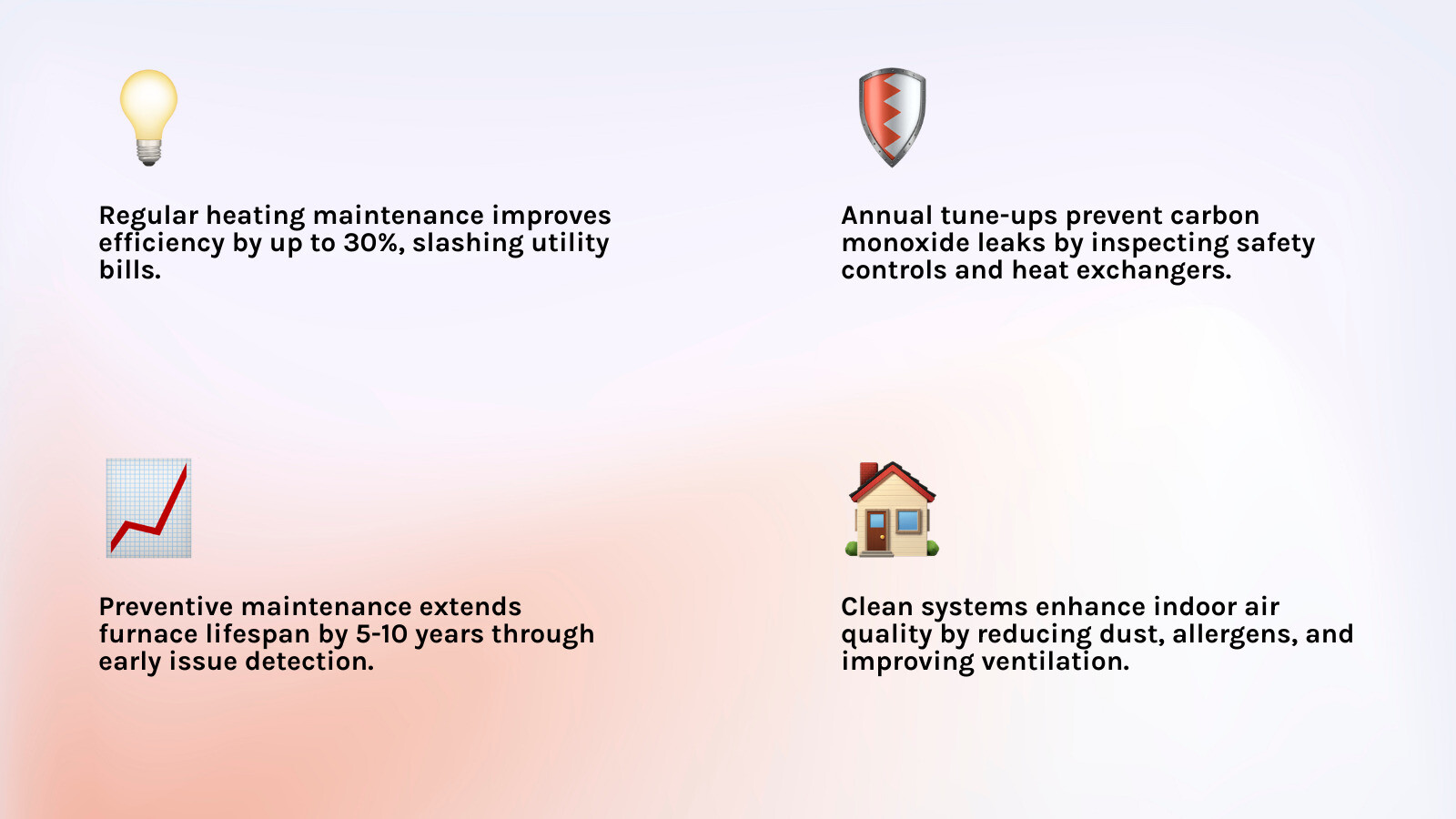 Benefits of annual heating system maintenance including improved efficiency, lower utility bills, extended equipment lifespan, enhanced safety through carbon monoxide prevention, fewer emergency breakdowns, better indoor air quality, and warranty protection - Heating system maintenance Smithfield infographic 4_facts_emoji_light-gradient Benefits of annual heating system maintenance including improved efficiency, lower utility bills, extended equipment lifespan, enhanced safety through carbon monoxide prevention, fewer emergency breakdowns, better indoor air quality, and warranty protection - Heating system maintenance Smithfield infographic 4_facts_emoji_light-gradient