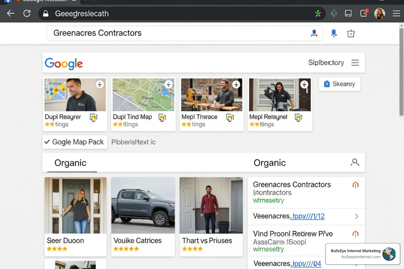 Google search results for "Greenacres Contractors" displaying local businesses, including maps and customer ratings, relevant to local SEO strategies in Greenacres, Florida.