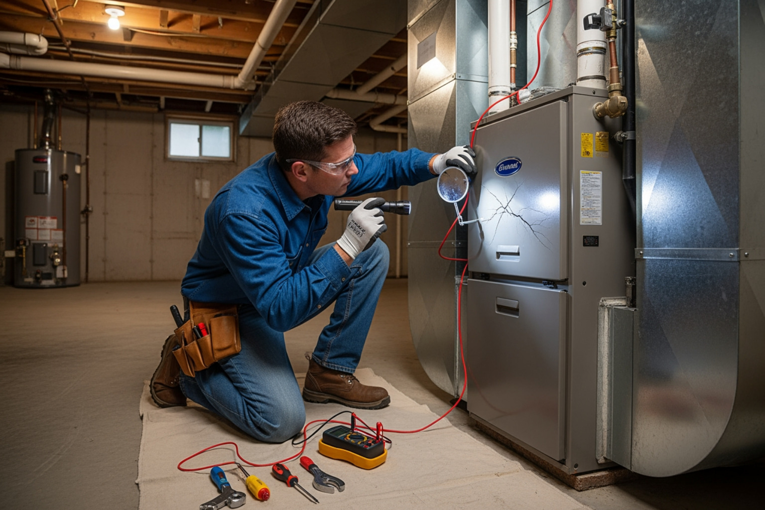Technician inspecting furnace heat exchanger - Heating system maintenance Smithfield Technician inspecting furnace heat exchanger - Heating system maintenance Smithfield
