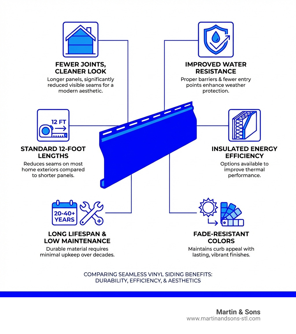 Infographic comparing seamless vinyl siding benefits: longer panels create fewer joints, improved water resistance with proper barriers, 12-foot standard lengths reduce seams, straight lap profile offers clean traditional appearance, insulated options improve energy efficiency, 20-40+ year lifespan with minimal maintenance, fade-resistant colors maintain curb appeal - seamless vinyl siding st louis infographic Infographic comparing seamless vinyl siding benefits: longer panels create fewer joints, improved water resistance with proper barriers, 12-foot standard lengths reduce seams, straight lap profile offers clean traditional appearance, insulated options improve energy efficiency, 20-40+ year lifespan with minimal maintenance, fade-resistant colors maintain curb appeal - seamless vinyl siding st louis infographic