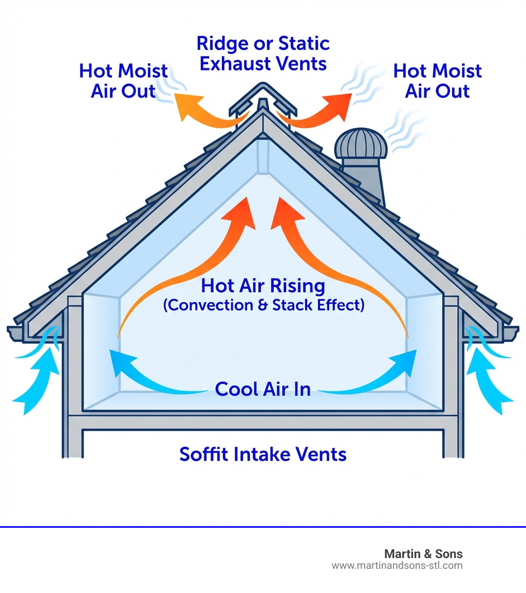 infographic showing balanced roof ventilation system with soffit intake vents at eaves drawing cool air in, hot air rising through attic space via convection and stack effect, and ridge or static exhaust vents at roof peak expelling hot moist air, with arrows indicating airflow direction and labels for key components - roof ventilation system install infographic infographic showing balanced roof ventilation system with soffit intake vents at eaves drawing cool air in, hot air rising through attic space via convection and stack effect, and ridge or static exhaust vents at roof peak expelling hot moist air, with arrows indicating airflow direction and labels for key components - roof ventilation system install infographic