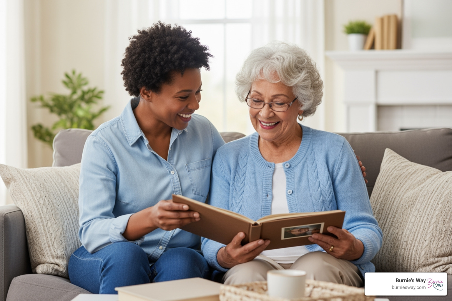 A companion and a senior looking at a photo album together, smiling and sharing a moment of connection. - non medical home care