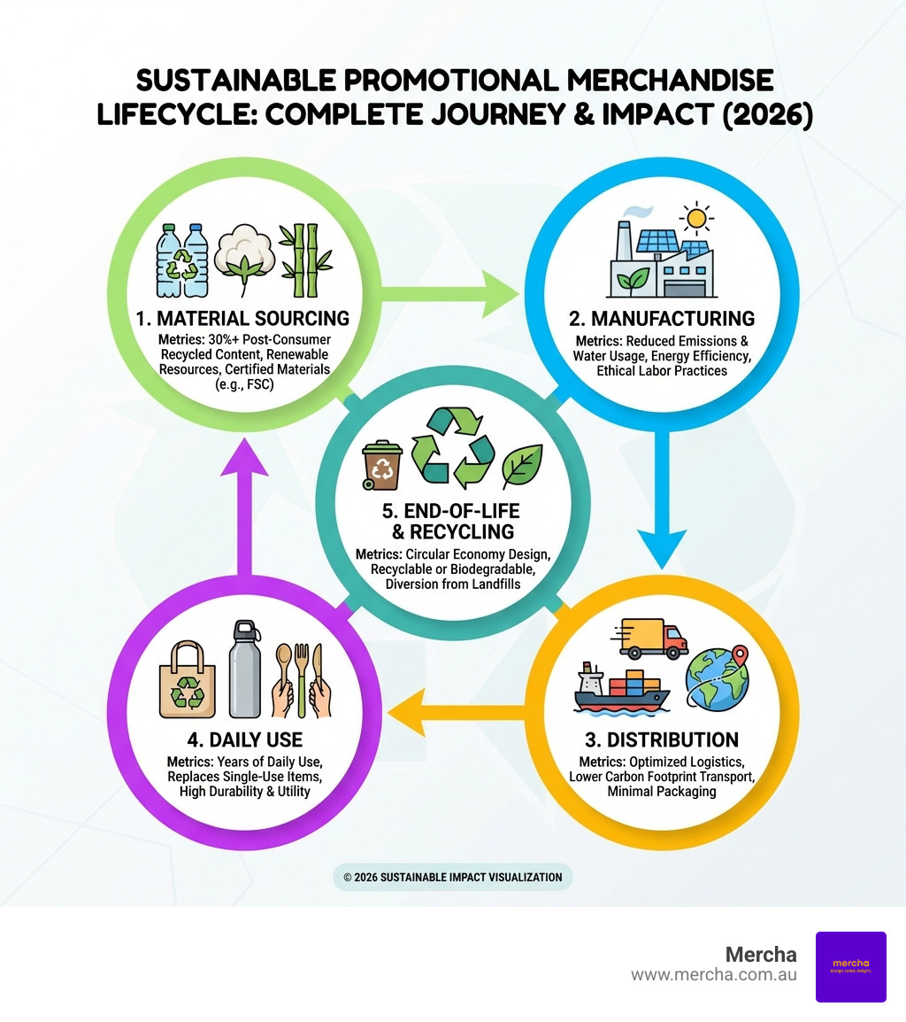 detailed infographic showing the complete lifecycle of sustainable promotional merchandise from material sourcing through manufacturing, distribution, daily use, and end-of-life recycling or composting, with environmental impact metrics at each stage - Sustainable promotional items infographic detailed infographic showing the complete lifecycle of sustainable promotional merchandise from material sourcing through manufacturing, distribution, daily use, and end-of-life recycling or composting, with environmental impact metrics at each stage - Sustainable promotional items infographic