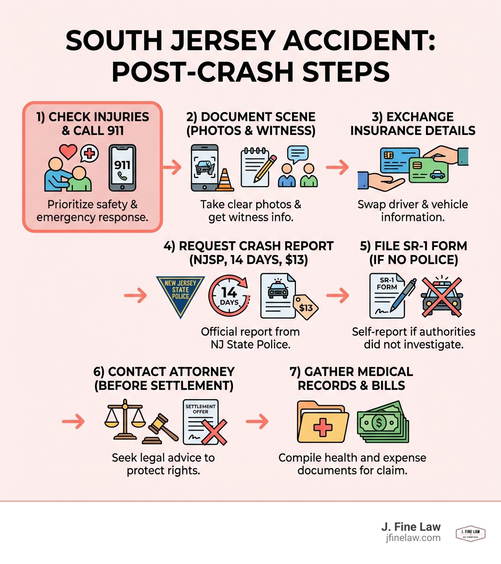 Infographic showing step-by-step process after a South Jersey accident: 1) Check for injuries and call 911, 2) Document the scene with photos and witness information, 3) Exchange insurance details with other drivers, 4) Request official crash report from New Jersey State Police within 14 days ($13 fee), 5) File SR-1 form if police did not investigate, 6) Contact attorney before accepting insurance settlement, 7) Gather medical records and bills for your claim - South Jersey accident infographic Infographic showing step-by-step process after a South Jersey accident: 1) Check for injuries and call 911, 2) Document the scene with photos and witness information, 3) Exchange insurance details with other drivers, 4) Request official crash report from New Jersey State Police within 14 days ($13 fee), 5) File SR-1 form if police did not investigate, 6) Contact attorney before accepting insurance settlement, 7) Gather medical records and bills for your claim - South Jersey accident infographic