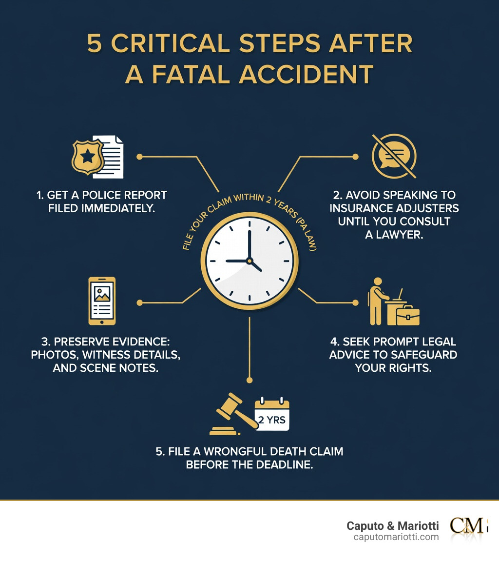 Infographic showing immediate steps after a fatal car accident: 1) Ensure a police report is filed, 2) Do not speak to insurance adjusters before consulting a lawyer, 3) Preserve all evidence including photos and witness contact information, 4) Seek immediate legal consultation to protect your rights, 5) File a wrongful death claim within Pennsylvania's two-year statute of limitations - fatal car accident lawyer infographic Infographic showing immediate steps after a fatal car accident: 1) Ensure a police report is filed, 2) Do not speak to insurance adjusters before consulting a lawyer, 3) Preserve all evidence including photos and witness contact information, 4) Seek immediate legal consultation to protect your rights, 5) File a wrongful death claim within Pennsylvania's two-year statute of limitations - fatal car accident lawyer infographic