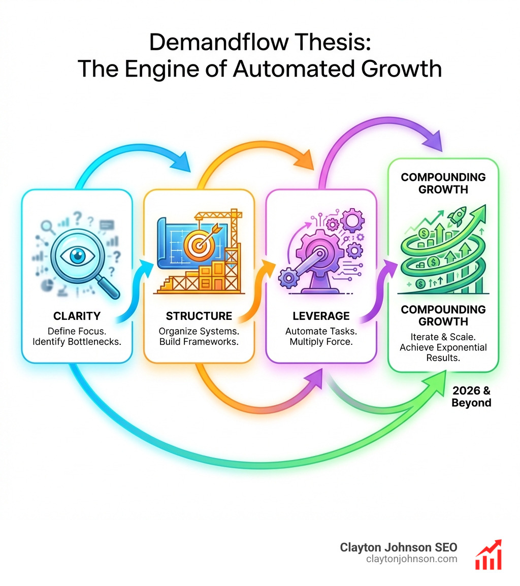 Infographic showing the Demandflow thesis: Clarity → Structure → Leverage → Compounding Growth - what ai seo tools do infographic Infographic showing the Demandflow thesis: Clarity → Structure → Leverage → Compounding Growth - what ai seo tools do infographic