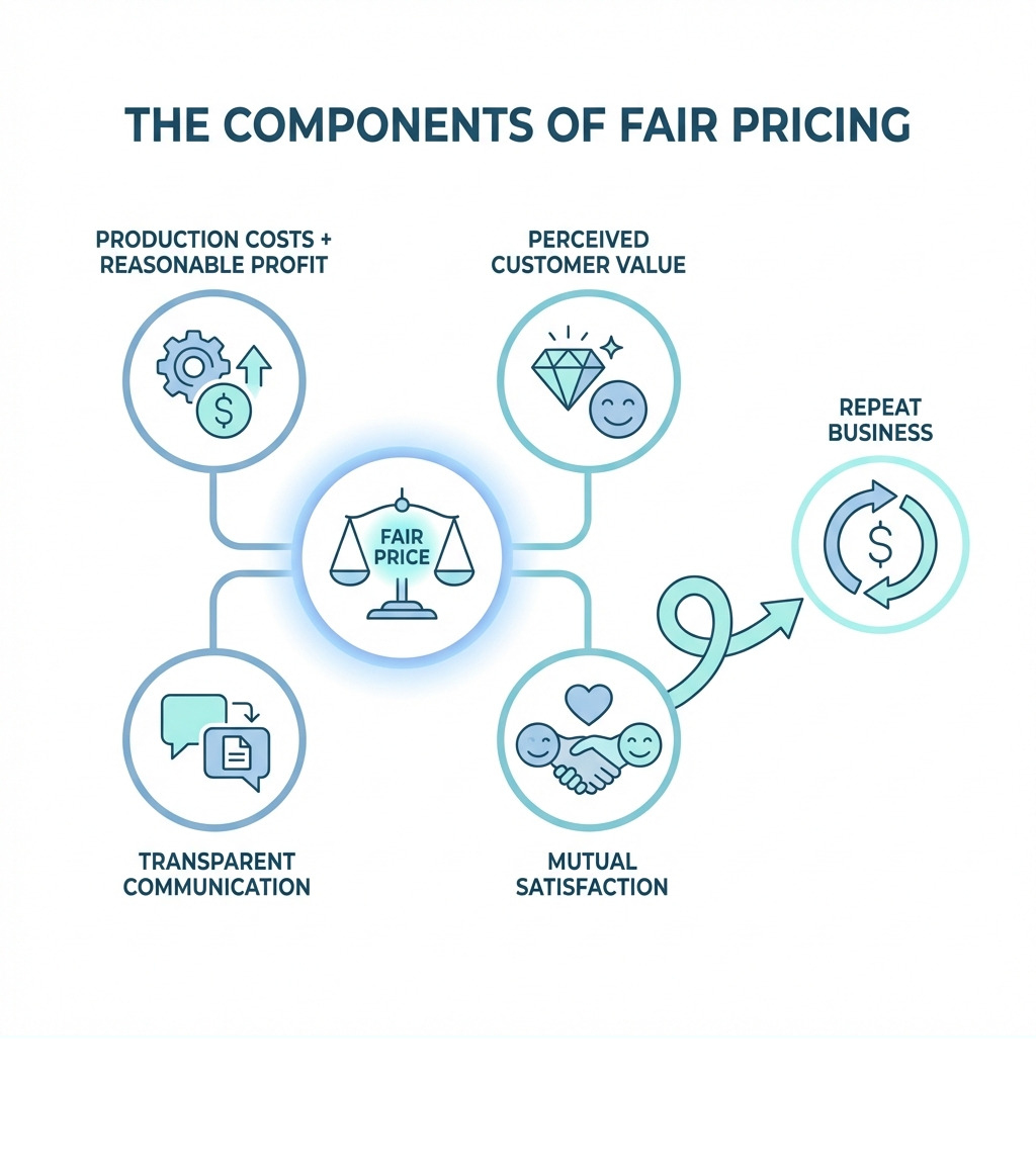 infographic showing the components of fair pricing: production costs plus reasonable profit, transparent communication, perceived customer value, and mutual satisfaction leading to repeat business - What is a fair price? infographic 
