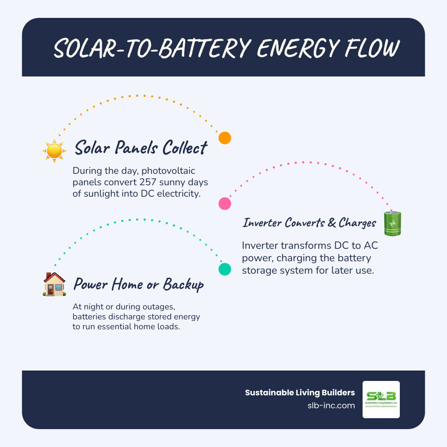 Infographic showing how solar panels collect sunlight during the day, convert it to electricity, charge battery storage systems for nighttime or backup use, and power essential home loads during grid outages, with arrows indicating energy flow from panels to inverter to batteries to home - energy storage batteries experts in cotati, ca infographic infographic-line-3-steps-blues-accent_colors Infographic showing how solar panels collect sunlight during the day, convert it to electricity, charge battery storage systems for nighttime or backup use, and power essential home loads during grid outages, with arrows indicating energy flow from panels to inverter to batteries to home - energy storage batteries experts in cotati, ca infographic infographic-line-3-steps-blues-accent_colors