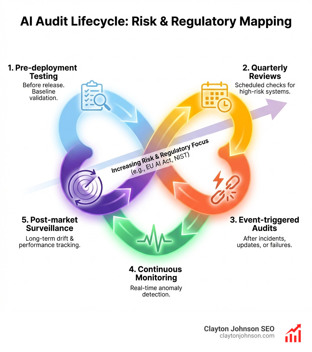 Infographic showing AI audit lifecycle: pre-deployment testing, quarterly reviews, event-triggered audits, continuous monitoring, and post-market surveillance mapped against risk levels and regulatory requirements - when to run ai audits infographic 