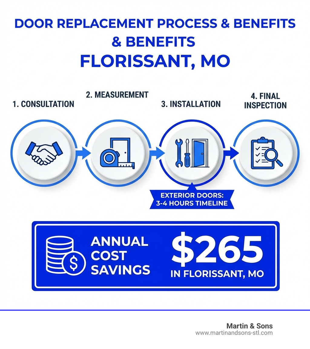 infographic showing door replacement process from consultation through measurement, installation, and final inspection, with timeline of 3-4 hours for exterior doors and cost savings of $265 annually in Florissant MO - door replacement florissant mo infographic infographic showing door replacement process from consultation through measurement, installation, and final inspection, with timeline of 3-4 hours for exterior doors and cost savings of $265 annually in Florissant MO - door replacement florissant mo infographic