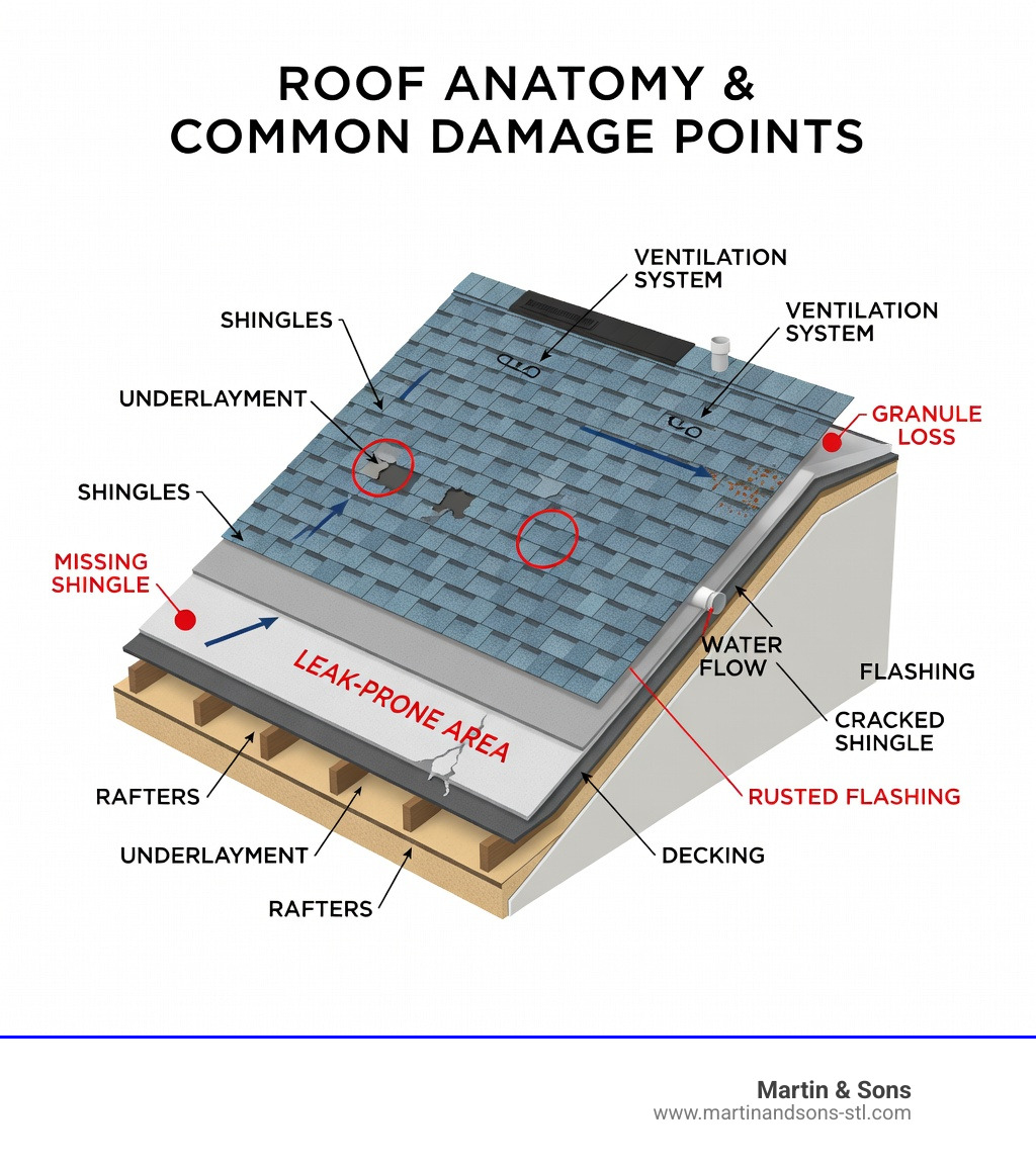infographic showing roof anatomy with labeled layers including shingles, underlayment, decking, flashing, and ventilation components, plus common damage points like missing shingles, granule loss, and leak-prone areas - shingle roof repair near me infographic infographic showing roof anatomy with labeled layers including shingles, underlayment, decking, flashing, and ventilation components, plus common damage points like missing shingles, granule loss, and leak-prone areas - shingle roof repair near me infographic