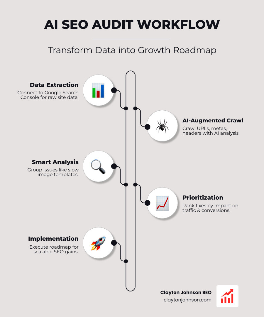 Infographic of an SEO workflow: Data extraction -> AI Analysis -> Prioritized Roadmap -> Implementation - how to audit seo with ai infographic infographic-line-5-steps-elegant_beige