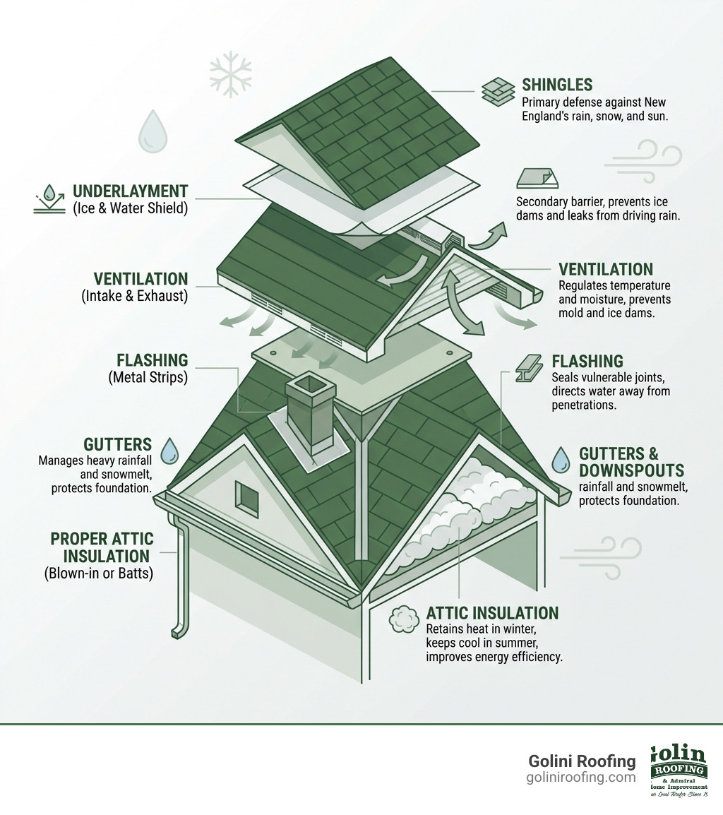 infographic showing the key components of a high-quality residential roof system including shingles, underlayment, ventilation, flashing, gutters, and proper attic insulation with labels for each layer and their function in protecting against New England weather - roofing north reading ma infographic infographic showing the key components of a high-quality residential roof system including shingles, underlayment, ventilation, flashing, gutters, and proper attic insulation with labels for each layer and their function in protecting against New England weather - roofing north reading ma infographic