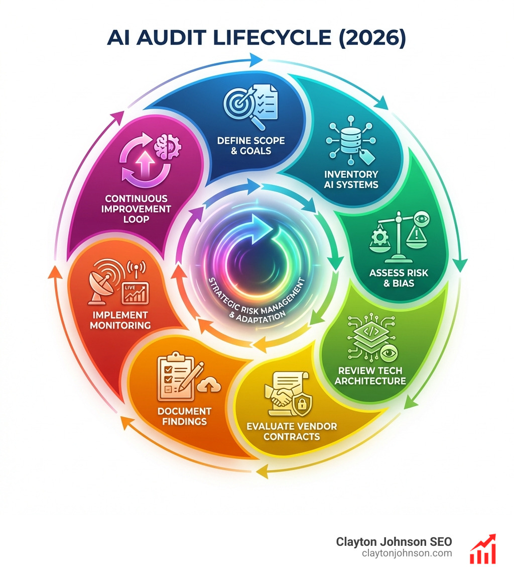 Infographic showing the AI audit lifecycle: 1) Define scope and goals 2) Inventory AI systems 3) Assess risk and bias 4) Review technical architecture 5) Evaluate vendor contracts 6) Document findings 7) Implement monitoring 8) Continuous improvement loop - how to use ai audits infographic 