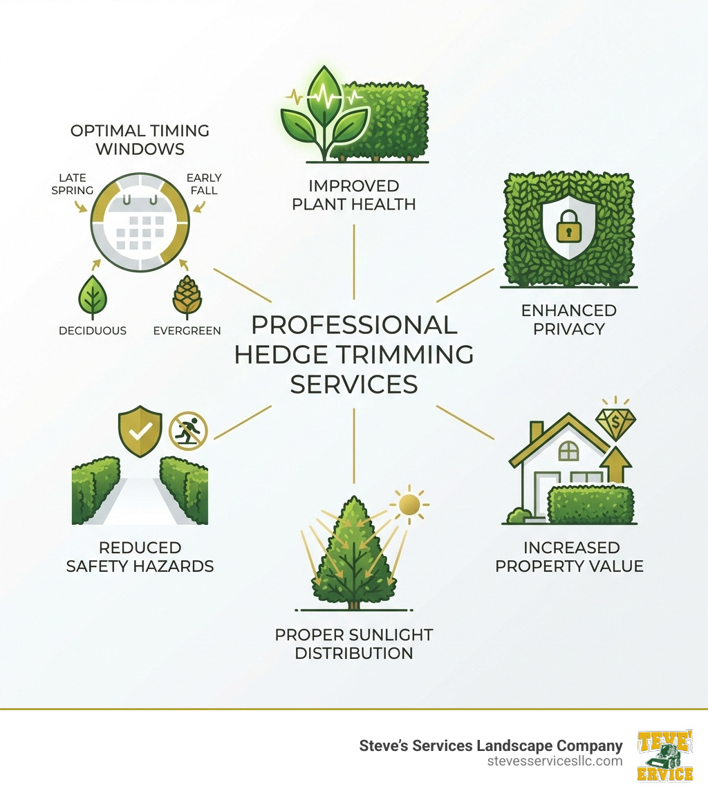 infographic showing benefits of professional hedge trimming services including improved plant health, enhanced privacy, increased property value, proper sunlight distribution, reduced safety hazards, and optimal timing windows for different hedge species - Hedge Trimming Services infographic 