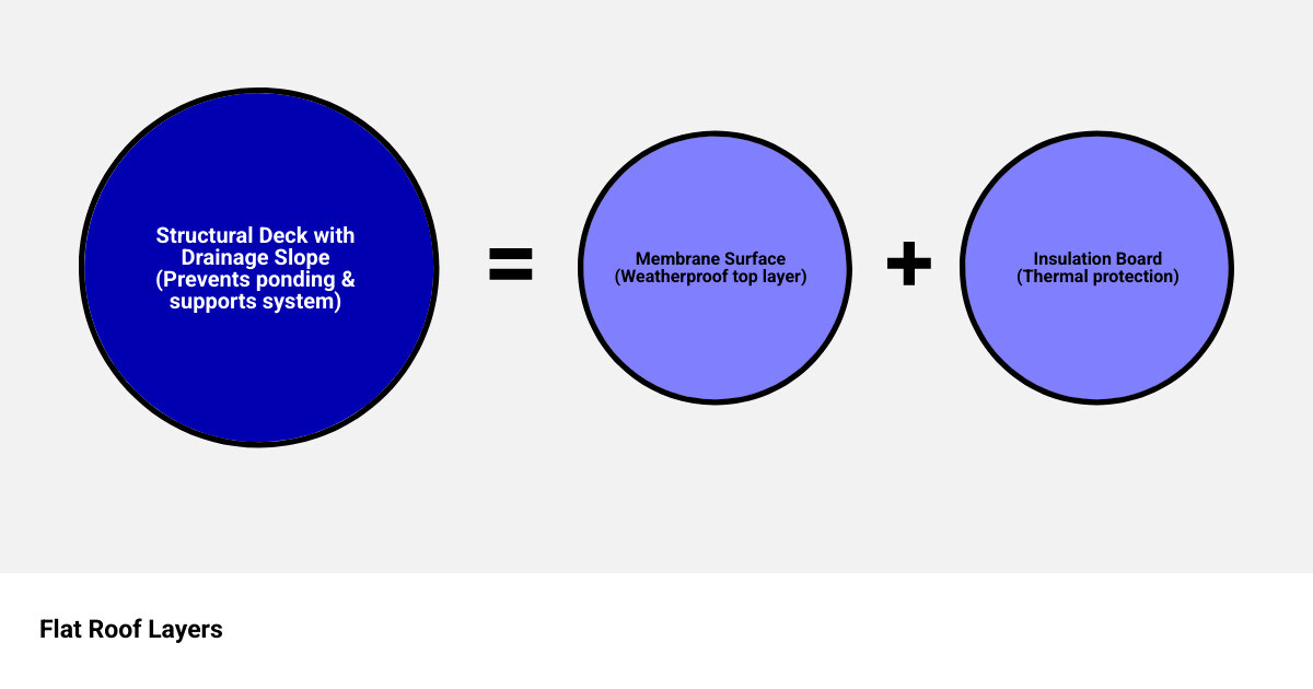 Infographic showing flat roof layers including membrane surface, insulation board, drainage slope, and structural deck, with common problem areas marked: ponding water zones, vulnerable seams, flashing points at walls, and proper vs improper drainage paths - st louis flat roof repair infographic sum_of_parts Infographic showing flat roof layers including membrane surface, insulation board, drainage slope, and structural deck, with common problem areas marked: ponding water zones, vulnerable seams, flashing points at walls, and proper vs improper drainage paths - st louis flat roof repair infographic sum_of_parts