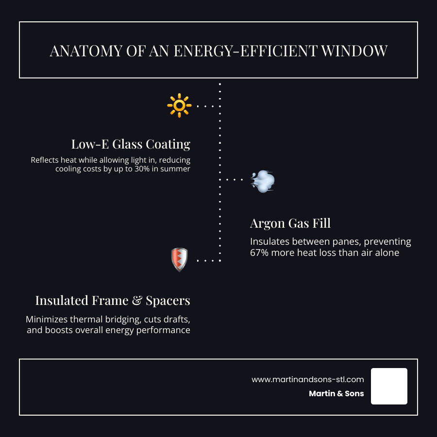 Infographic showing the anatomy of an energy-efficient window with labeled components including Low-E glass coating, argon gas fill, insulated frame, double or triple panes, warm edge spacers, and proper weatherstripping, along with energy savings percentages and utility bill reduction estimates for Florissant homeowners - window installation florissant mo infographic infographic-line-3-steps-dark Infographic showing the anatomy of an energy-efficient window with labeled components including Low-E glass coating, argon gas fill, insulated frame, double or triple panes, warm edge spacers, and proper weatherstripping, along with energy savings percentages and utility bill reduction estimates for Florissant homeowners - window installation florissant mo infographic infographic-line-3-steps-dark
