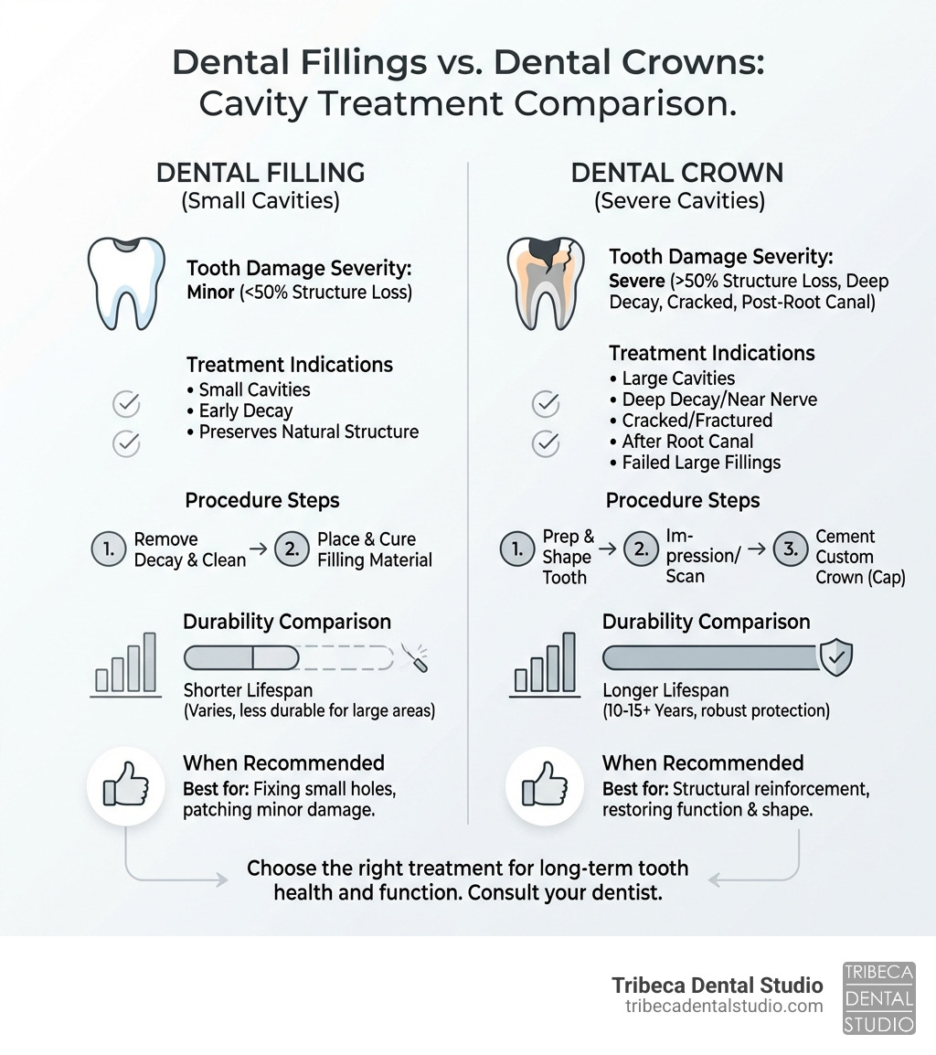 infographic comparing dental fillings versus dental crowns for cavity treatment, showing tooth damage severity, treatment indications, durability comparison, procedure steps, and when each option is recommended - crown for cavity infographic 