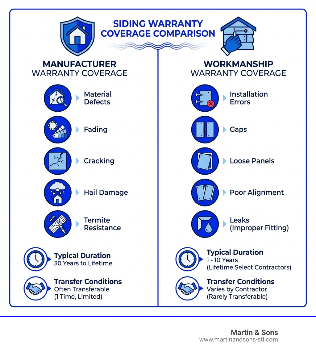 Infographic showing two columns comparing manufacturer warranty coverage (material defects, fading, cracking, hail damage, termite resistance) versus workmanship warranty coverage (installation errors, gaps, loose panels, poor alignment, leaks from improper fitting), with icons indicating typical durations and transfer conditions for each type - house siding warranty services infographic Infographic showing two columns comparing manufacturer warranty coverage (material defects, fading, cracking, hail damage, termite resistance) versus workmanship warranty coverage (installation errors, gaps, loose panels, poor alignment, leaks from improper fitting), with icons indicating typical durations and transfer conditions for each type - house siding warranty services infographic
