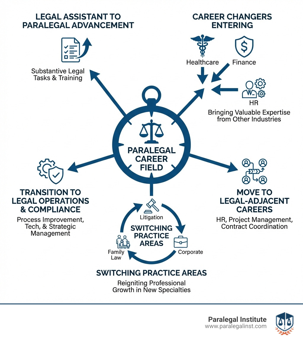 infographic showing paralegal career transition paths including legal assistant to paralegal advancement, career changers entering from other industries, transitions to legal operations and compliance roles, moves to legal-adjacent careers in HR and project management, and practice area switches within the legal field - paralegal career transition infographic 