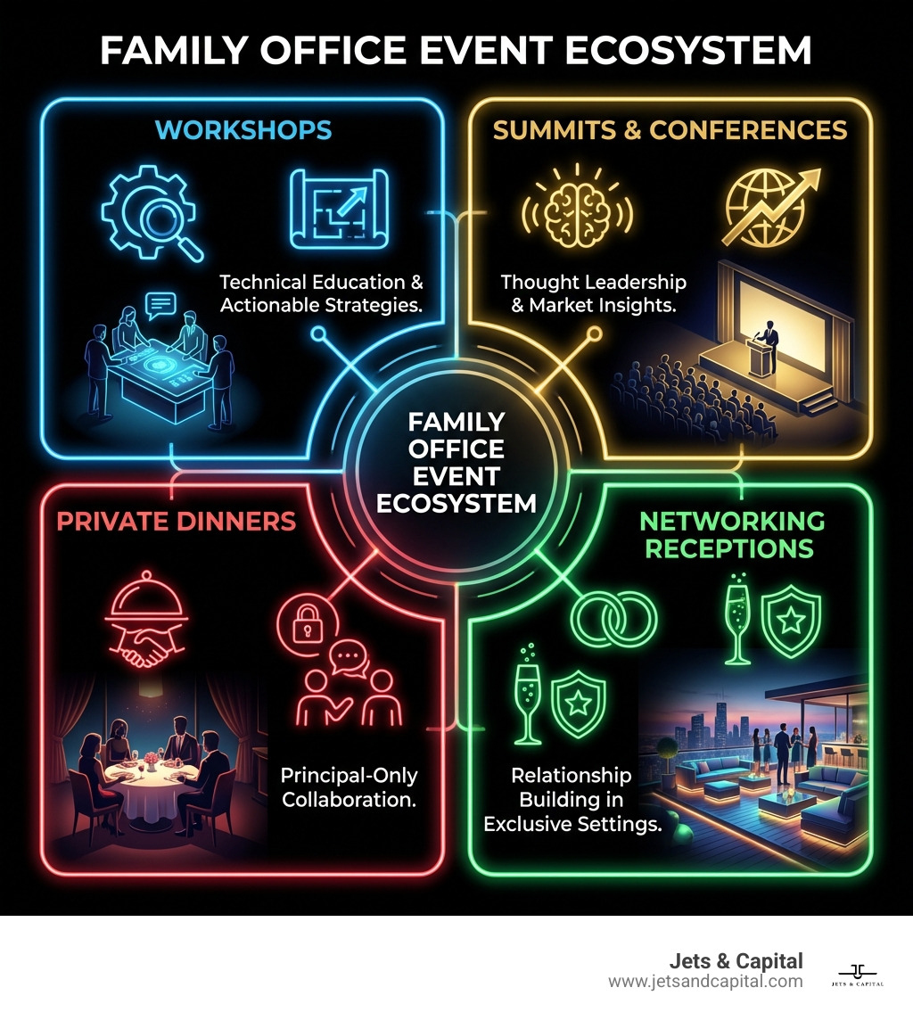 Infographic showing the family office event ecosystem: workshops for technical education and actionable strategies, summits and conferences for thought leadership and market insights, private dinners for principal-only collaboration, and networking receptions for relationship building in exclusive settings - family office events infographic Infographic showing the family office event ecosystem: workshops for technical education and actionable strategies, summits and conferences for thought leadership and market insights, private dinners for principal-only collaboration, and networking receptions for relationship building in exclusive settings - family office events infographic