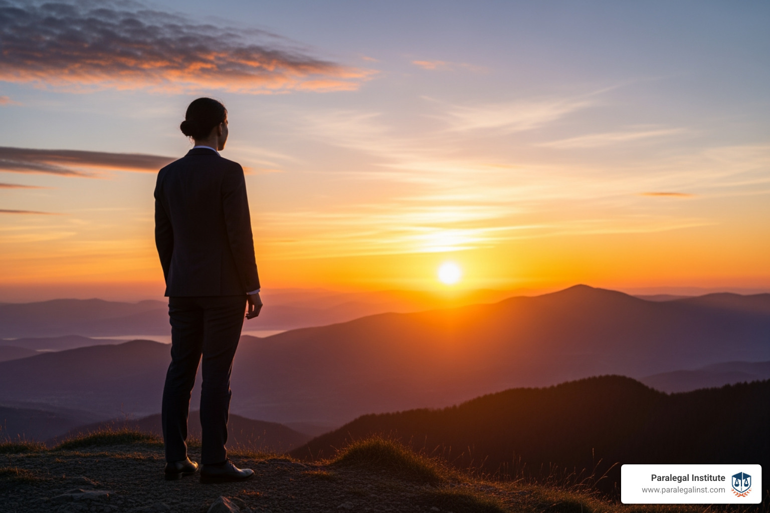 professional looking at a sunrise symbolizing new beginnings - paralegal career transition