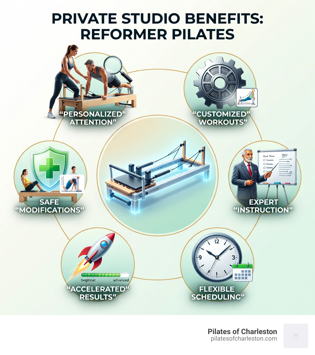 infographic comparing private studio benefits including personalized attention, customized workouts based on individual needs, expert instruction with real-time corrections, flexible scheduling for busy professionals, accelerated results through targeted training, and safe modifications for injuries or restrictions - reformer pilates private studio infographic infographic comparing private studio benefits including personalized attention, customized workouts based on individual needs, expert instruction with real-time corrections, flexible scheduling for busy professionals, accelerated results through targeted training, and safe modifications for injuries or restrictions - reformer pilates private studio infographic