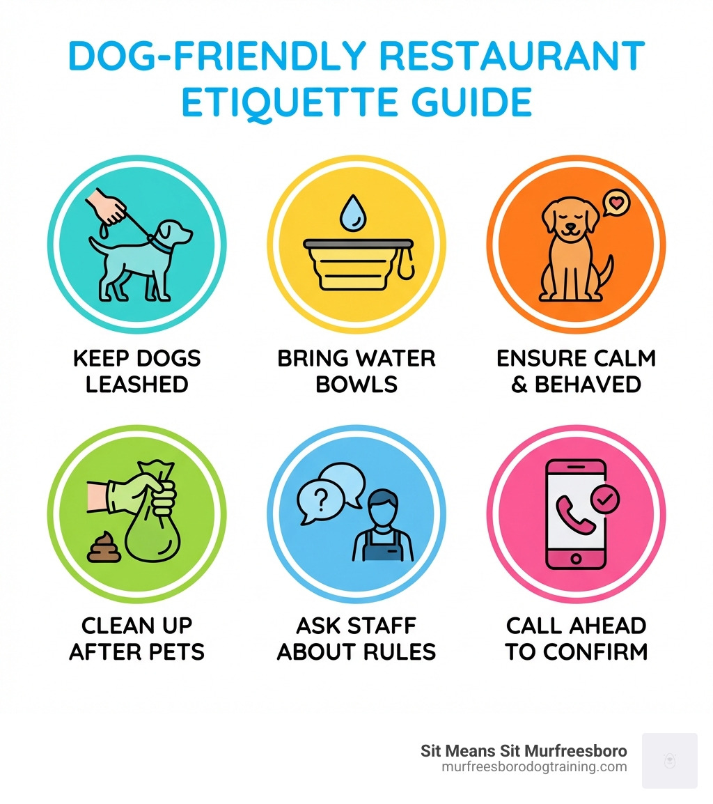 infographic showing dog-friendly restaurant etiquette: keep dogs leashed, bring water bowls if needed, ensure dogs are calm and well-behaved, clean up after pets, ask staff about specific patio rules, and always call ahead to confirm dog policies - dog-friendly restaurants murfreesboro tn infographic 