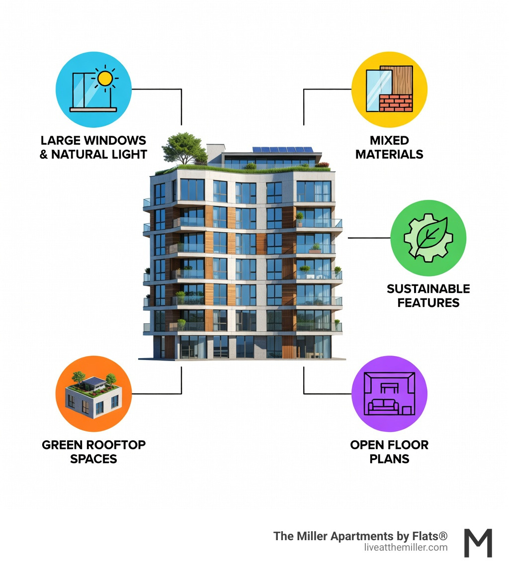 Infographic showing contemporary apartment building design elements: large windows for natural light, mixed materials like glass and timber, green rooftop spaces, open floor plans, and sustainable features like energy-efficient systems - contemporary apartment building design infographic 