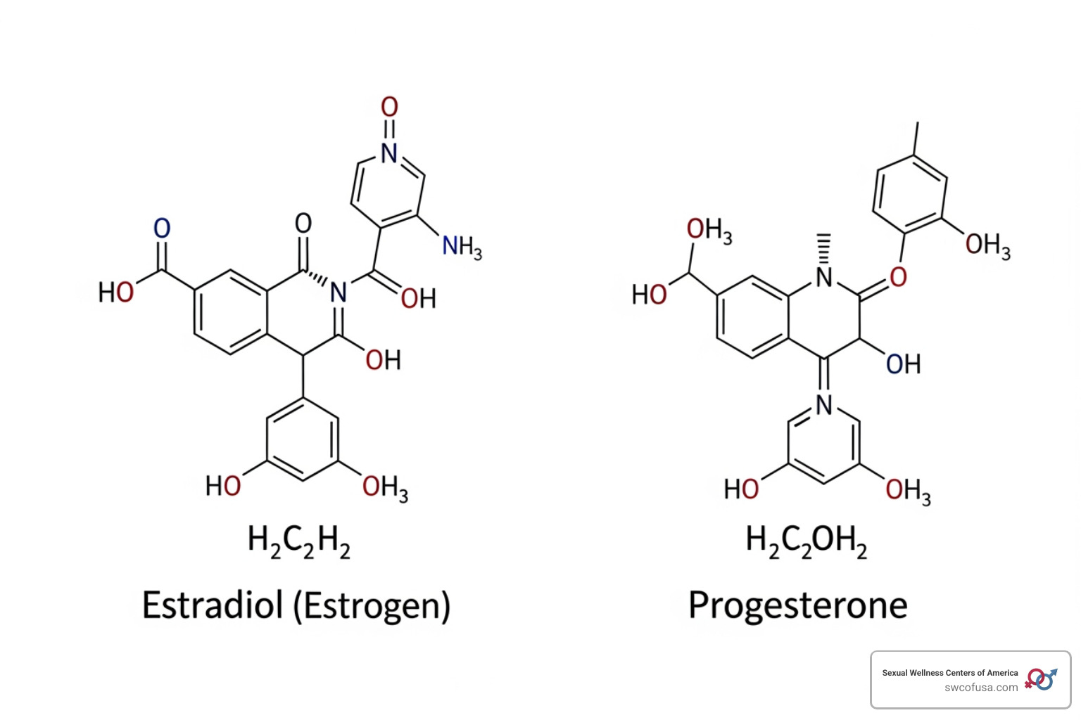 Molecular structures of estrogen and progesterone molecules - hormone replacement therapy for women Molecular structures of estrogen and progesterone molecules - hormone replacement therapy for women