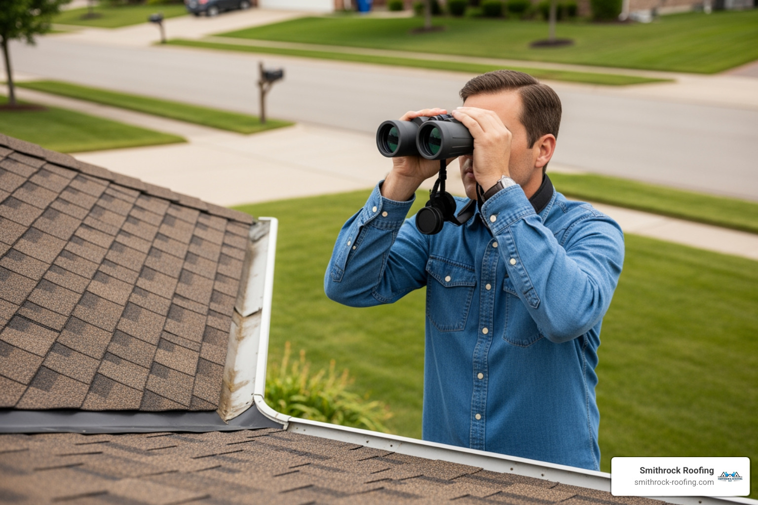 A homeowner standing safely on their lawn using a pair of high-powered binoculars to inspect the roof shingles and flashing for signs of storm damage - damaged roof