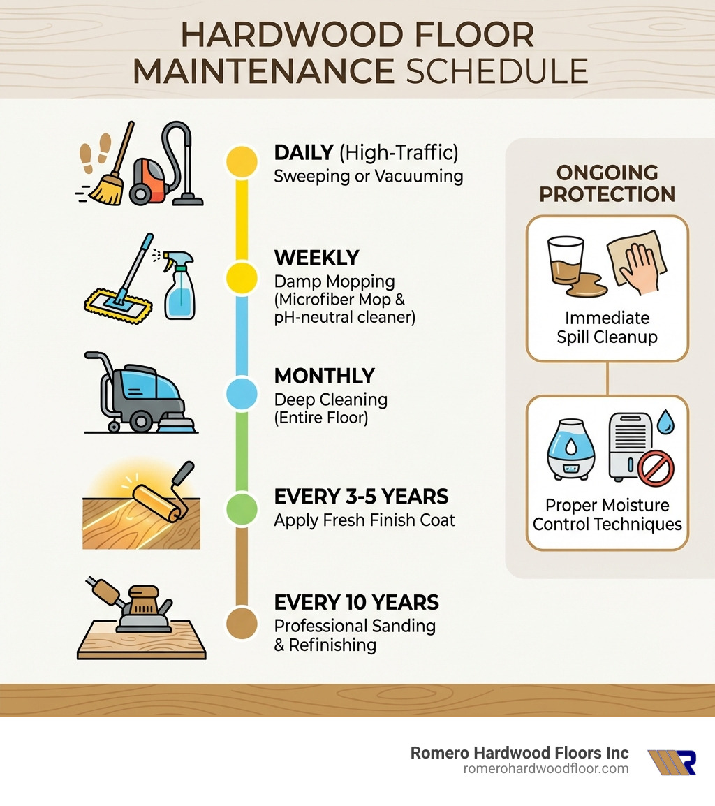 Infographic showing hardwood floor maintenance schedule: daily sweeping or vacuuming in high-traffic areas, weekly damp mopping with microfiber mop and pH-neutral cleaner, monthly deep cleaning of entire floor, every 3-5 years applying fresh finish coat, every 10 years professional sanding and refinishing, plus immediate spill cleanup and proper moisture control techniques - How to mop hardwood? infographic 