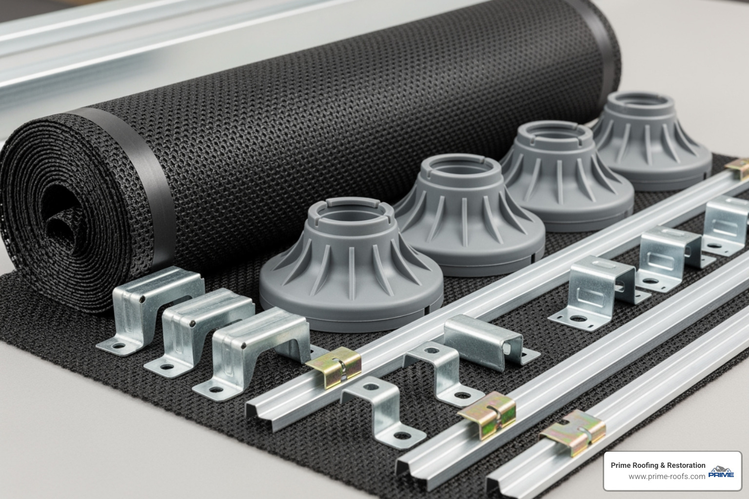 dry ridge kit components including ridge roll, unions, and brackets - dry ridge system installation