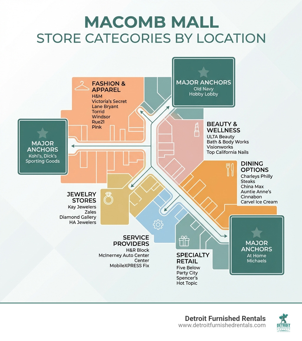 Infographic showing Macomb Mall's store categories including fashion retailers, beauty shops, jewelry stores, dining options, service providers, and major anchor stores organized by location within the mall - stores at macomb mall infographic 