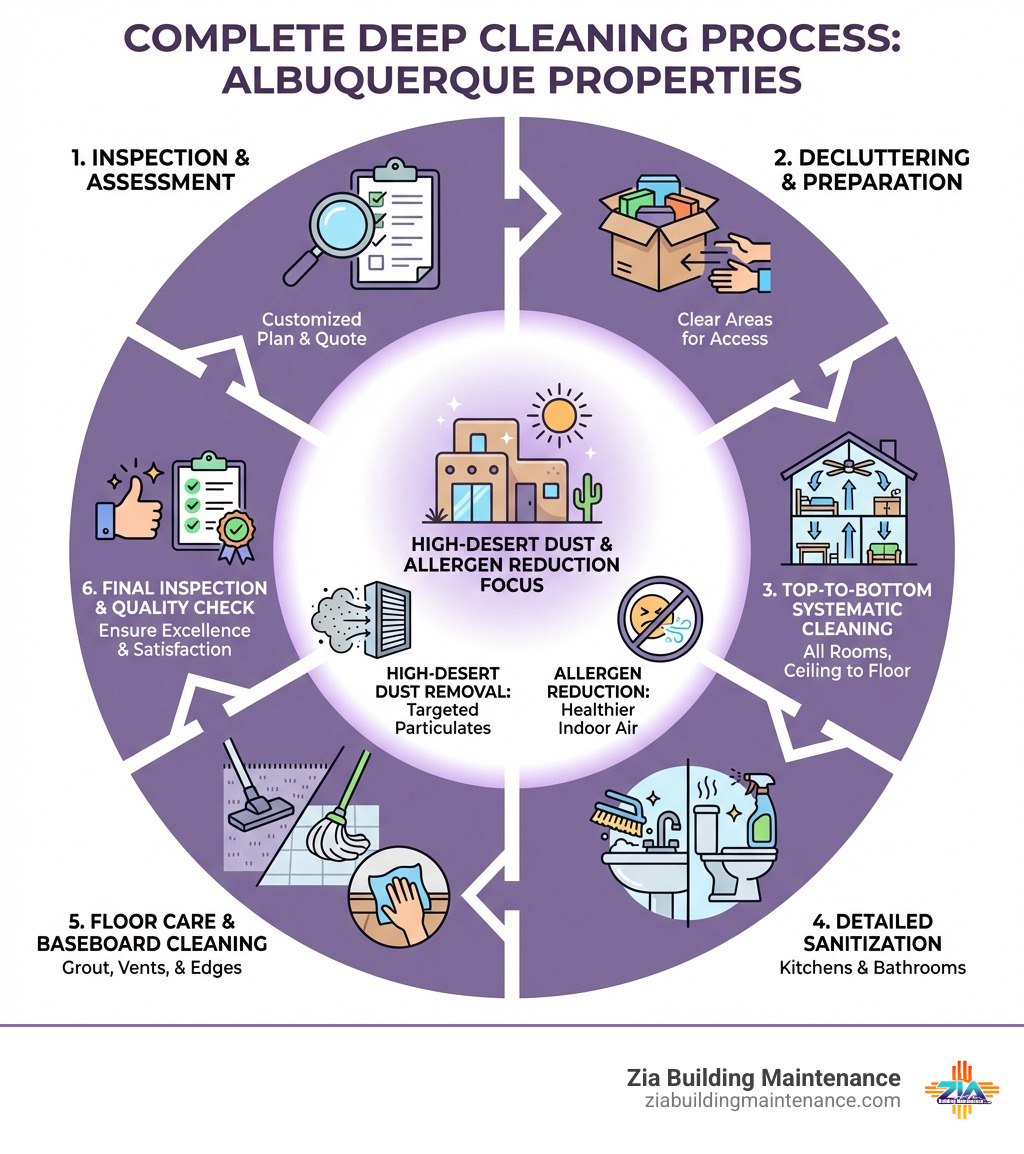 Infographic showing the complete deep cleaning process for Albuquerque properties, including inspection and assessment, decluttering and preparation, top-to-bottom systematic cleaning of all rooms, detailed sanitization of kitchens and bathrooms, floor care and baseboard cleaning, final inspection and quality check, with specific focus on high-desert dust removal and allergen reduction - deep cleaning albuquerque infographic Infographic showing the complete deep cleaning process for Albuquerque properties, including inspection and assessment, decluttering and preparation, top-to-bottom systematic cleaning of all rooms, detailed sanitization of kitchens and bathrooms, floor care and baseboard cleaning, final inspection and quality check, with specific focus on high-desert dust removal and allergen reduction - deep cleaning albuquerque infographic