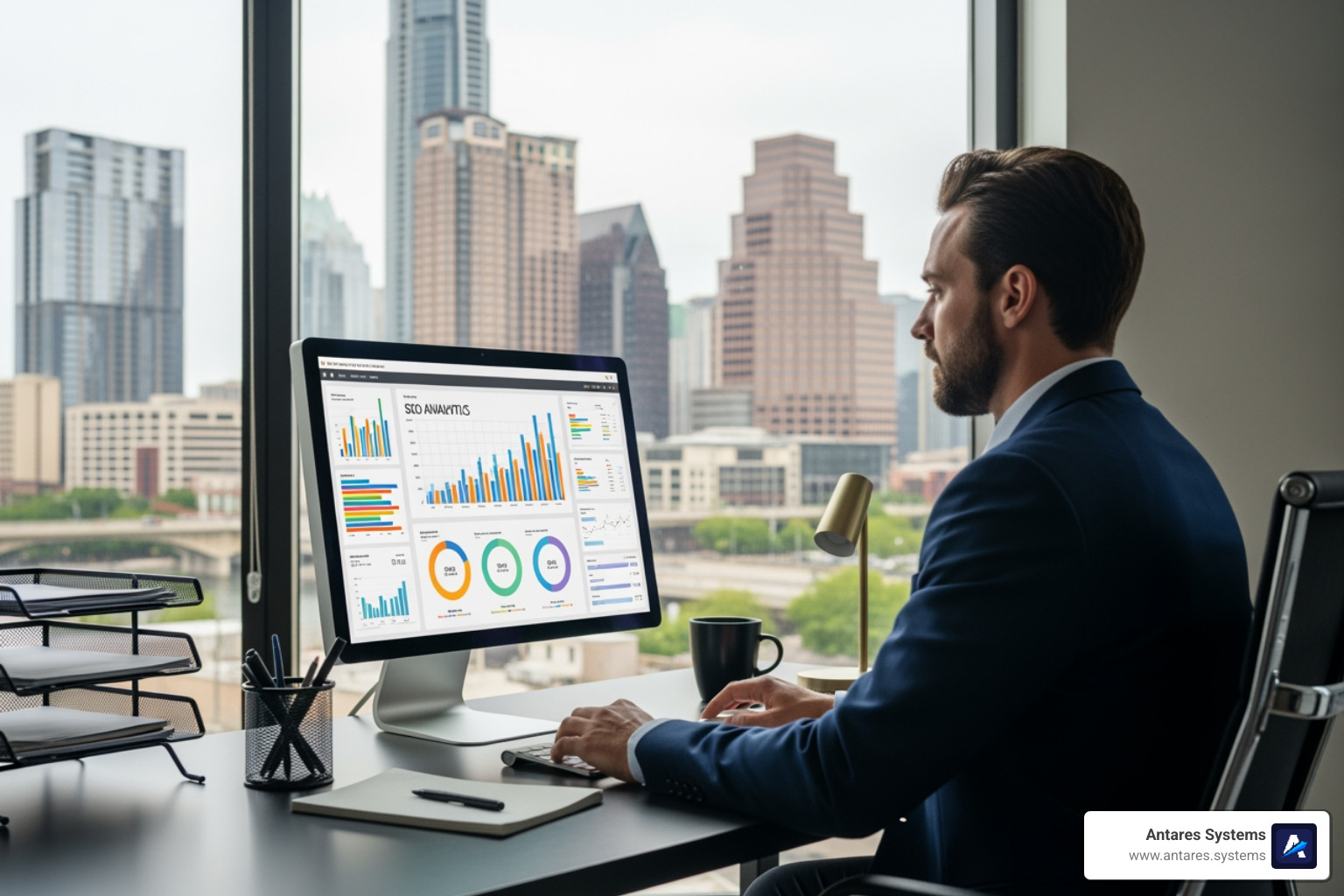 Austin business owner reviewing SEO analytics - search engine optimization company austin texas