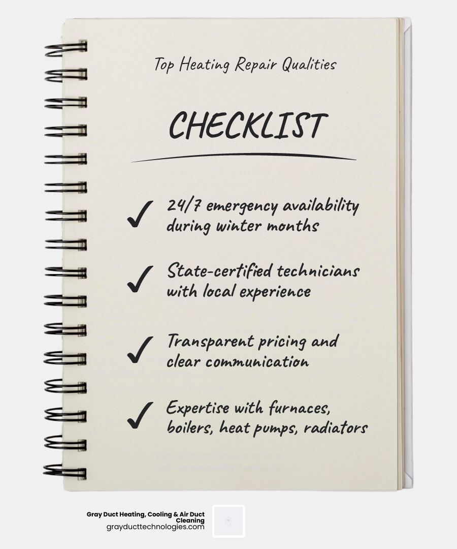 Infographic showing the key factors in choosing heating repair: emergency availability, technician certification, system expertise, transparent pricing, local reputation, and air quality knowledge - best heating repair in eden prairie, mn infographic checklist-notebook