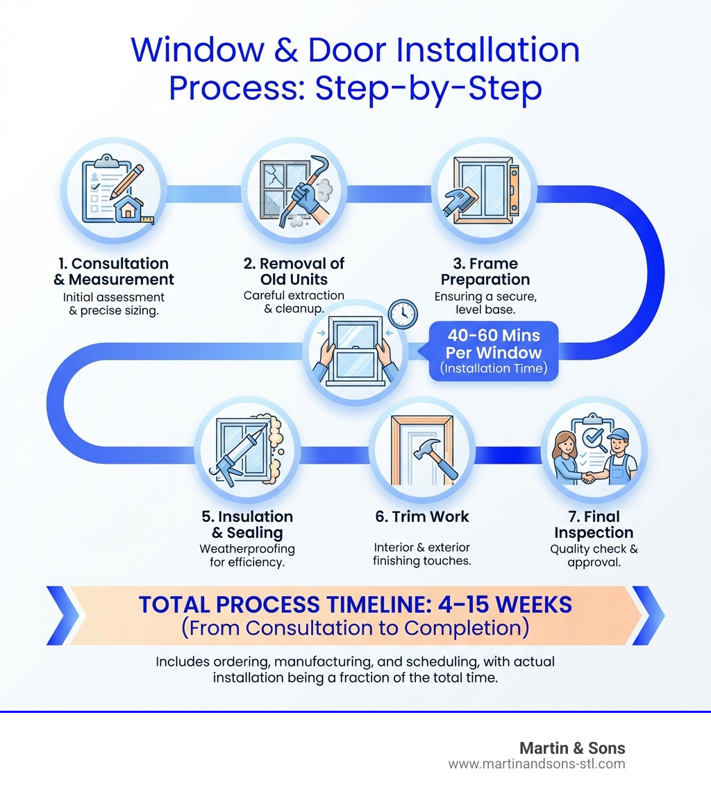 infographic showing step-by-step window and door installation process from initial consultation and measurement through removal of old units, frame preparation, new installation, insulation and sealing, trim work, and final inspection with typical timeline of 4-15 weeks total and 40-60 minutes per window installation - door and window contractors near me infographic infographic showing step-by-step window and door installation process from initial consultation and measurement through removal of old units, frame preparation, new installation, insulation and sealing, trim work, and final inspection with typical timeline of 4-15 weeks total and 40-60 minutes per window installation - door and window contractors near me infographic