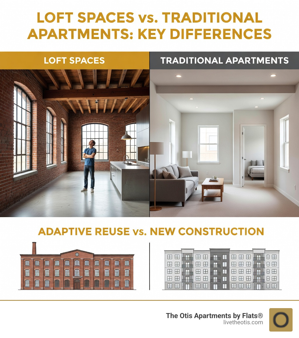 infographic comparing loft spaces to traditional apartments, showing key differences: lofts have open floor plans vs separated rooms, 10+ foot ceilings vs 8-9 foot ceilings, industrial features like exposed brick and beams vs standard drywall, large factory windows vs standard windows, flexible layouts vs fixed room configurations, and adaptive reuse of historic buildings vs new construction - loft space for rent infographic 