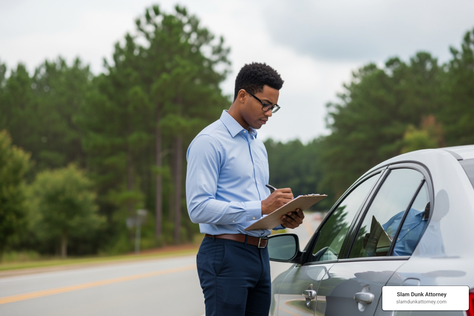 Un perito de seguros en Georgia inspecciona los daños de un vehículo tras un accidente de tráfico: proceso de tramitación de siniestros An insurance adjuster in Georgia inspecting vehicle damage after a car accident - claim handling process