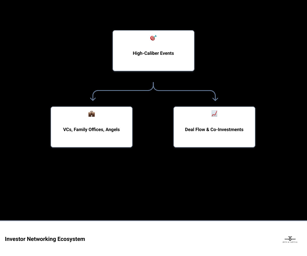 Infographic showing the investor networking ecosystem: Invitation-only events connect VCs, family offices, and angels through formats like 1:1 meetings, speed networking, and private dinners, leading to deal flow, co-investments, and strategic partnerships across global hubs including NYC, SF, Miami, Mexico City, and Lisbon - investor networking events infographic hierarchy