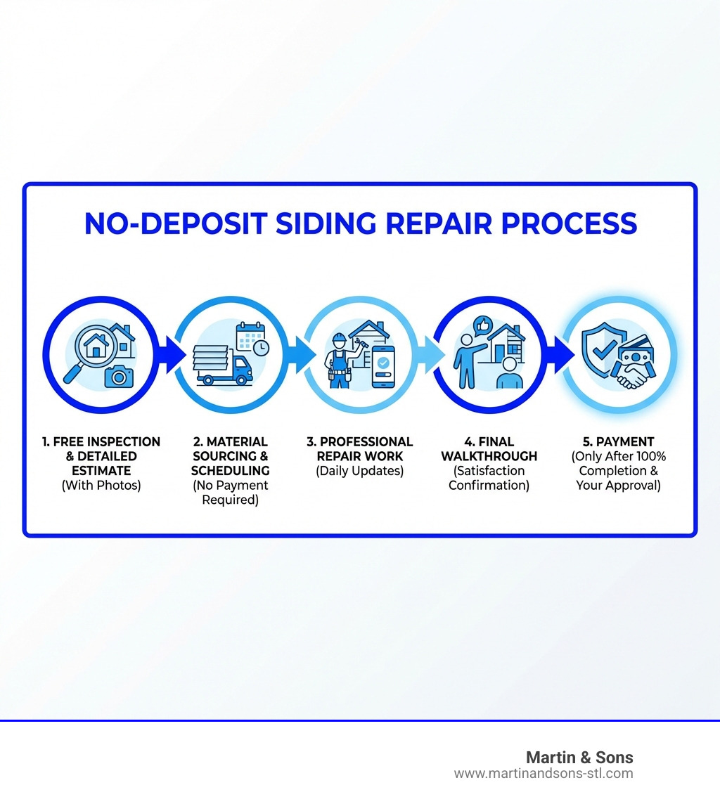 Infographic showing the no-deposit siding repair process: Step 1 - Free inspection and detailed estimate with photos; Step 2 - Material sourcing and scheduling with no payment required; Step 3 - Professional repair work with daily updates; Step 4 - Final walkthrough and satisfaction confirmation; Step 5 - Payment only after 100% completion and your approval - siding repair no deposit infographic Infographic showing the no-deposit siding repair process: Step 1 - Free inspection and detailed estimate with photos; Step 2 - Material sourcing and scheduling with no payment required; Step 3 - Professional repair work with daily updates; Step 4 - Final walkthrough and satisfaction confirmation; Step 5 - Payment only after 100% completion and your approval - siding repair no deposit infographic