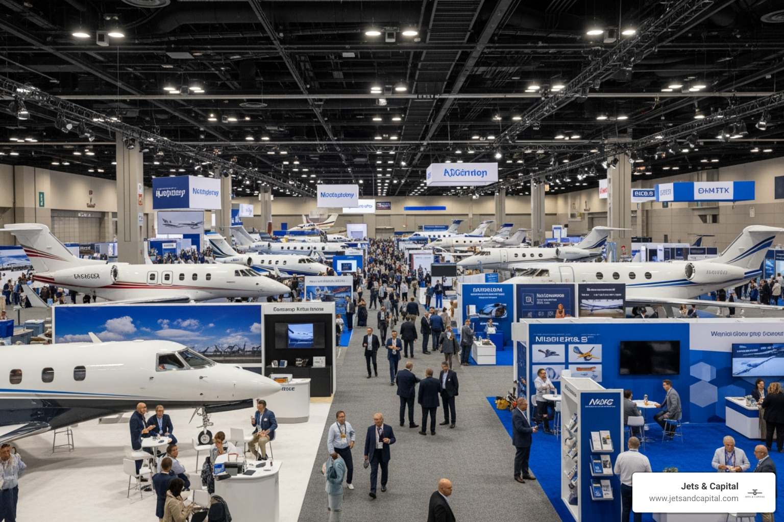 major aviation trade show floor with aircraft and networking booths - private aviation networking major aviation trade show floor with aircraft and networking booths - private aviation networking